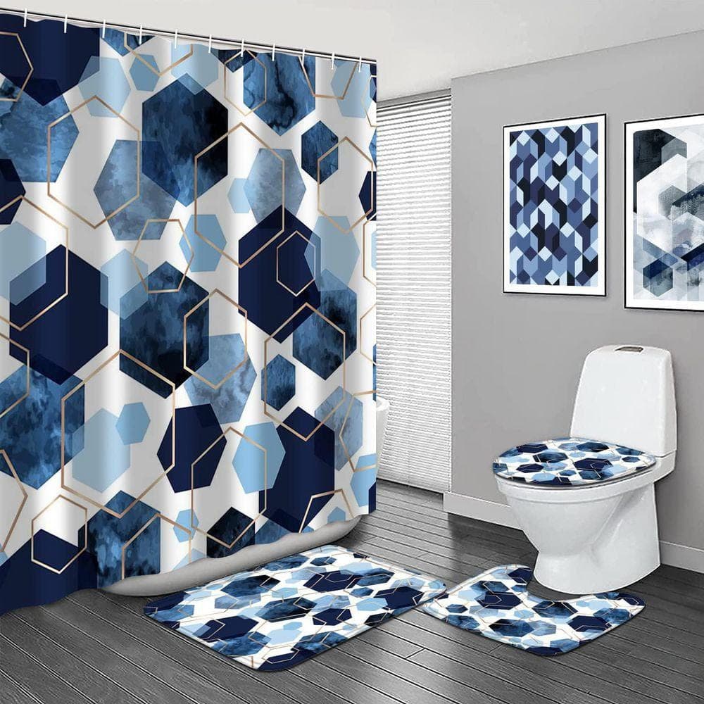 Unbranded 70.8 in. W x 70.8 in. L Polyester Shower Curtain Set Sky Blue Geometric Navy Abstract Art with 12 Hooks Rugs Mat (2)