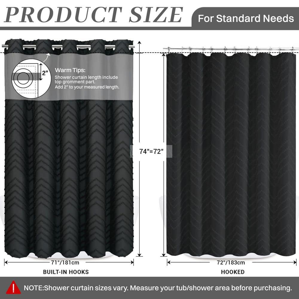 Anqtovp 71 in. W x 74 in. L Fabric Shower Curtain with Snap In Waterproof Liner and Built-In Rings in Black (2)