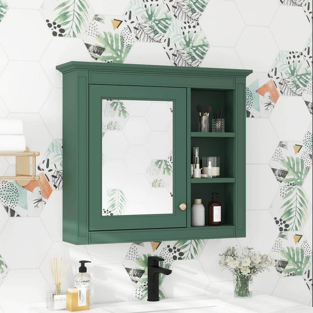 COWLOWN 29.92 in. W x 7.32 in. D x 28 in. H Bathroom Storage Wall Cabinet in Green with 3 Open Shelves and Mirror (3)