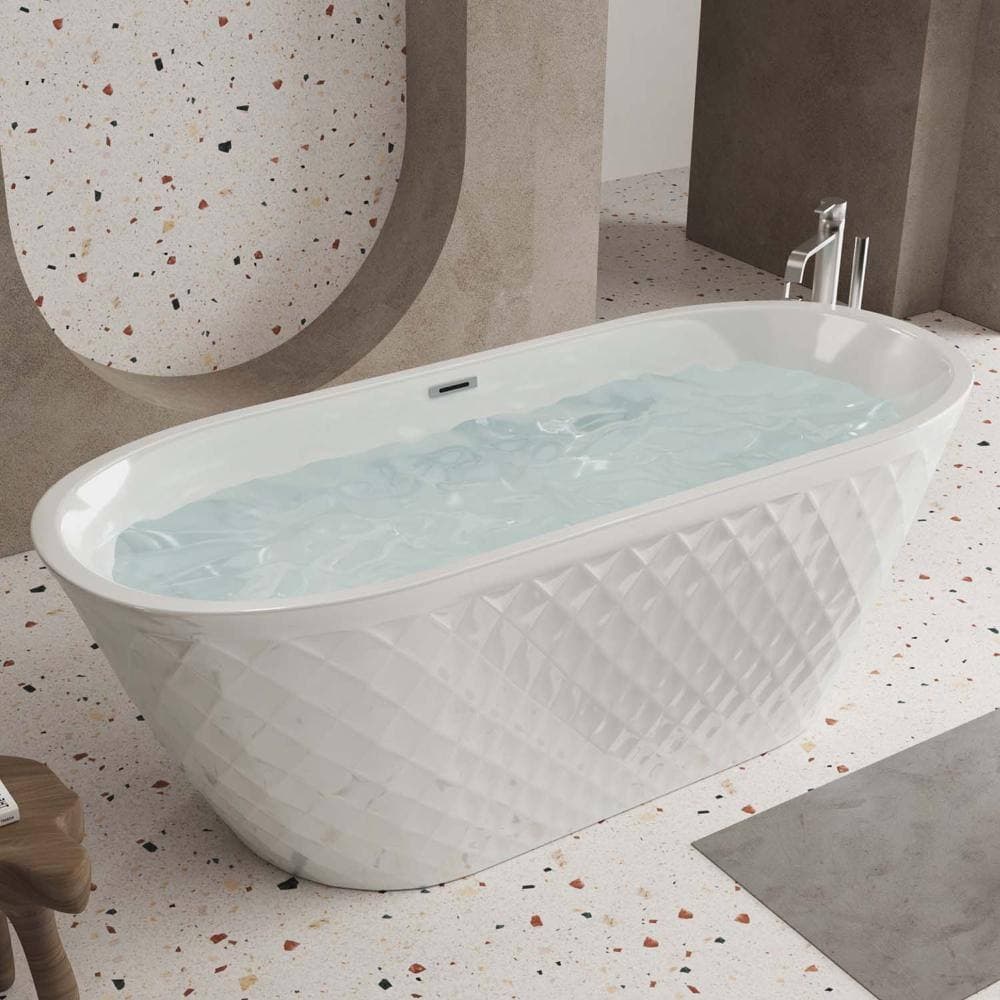 INSEEDE SORA 59 in. Diamond Pattern Spa-Like Freestanding Soaking Tub, Gloss White Acrylic with Overflow & Pop-Up Chrome Drain (2)