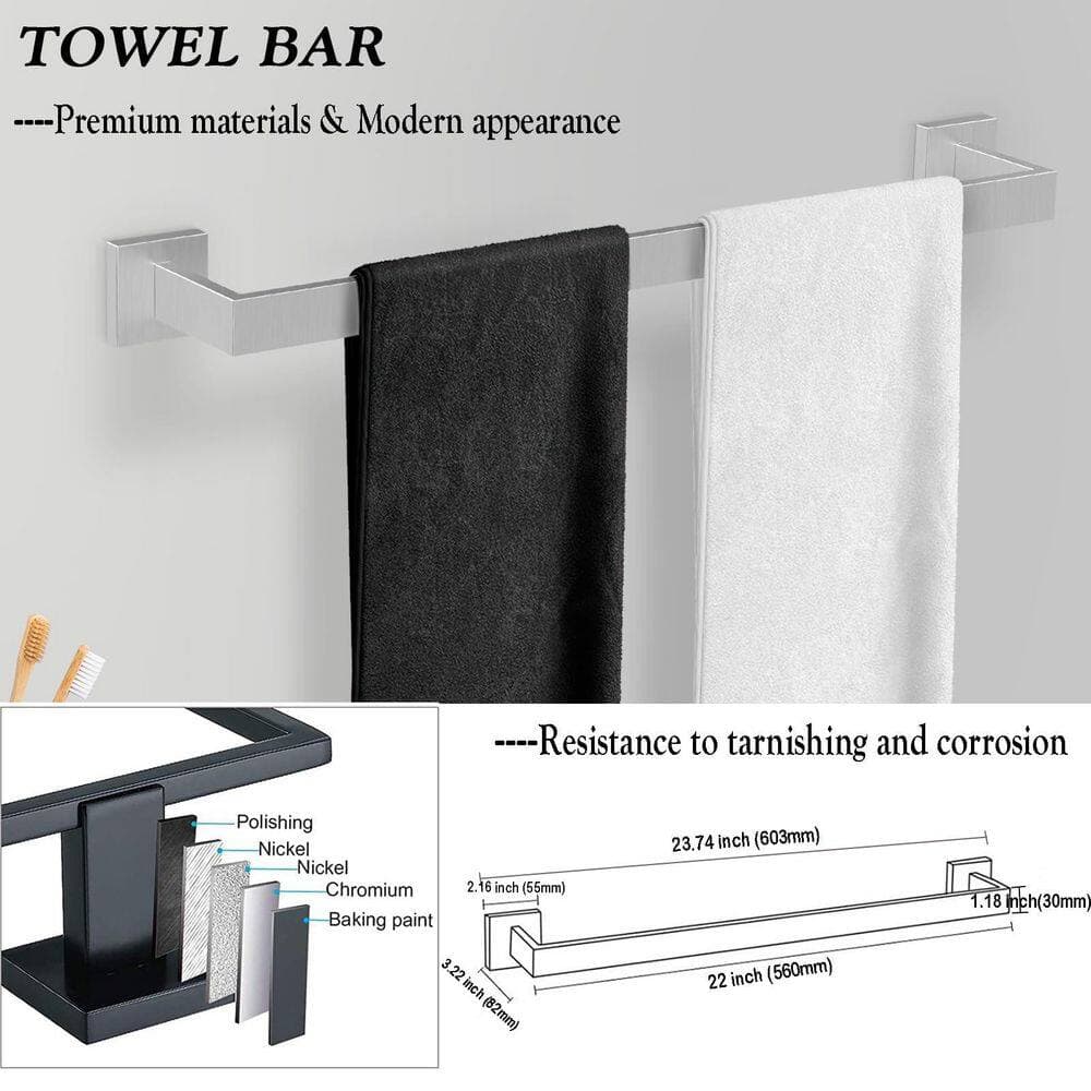 Unbranded 5-Piece Matte Black Stainless Steel Wall Mount Bathroom Hardware Accessory Set with 23.6 in. Towel Bar (2)