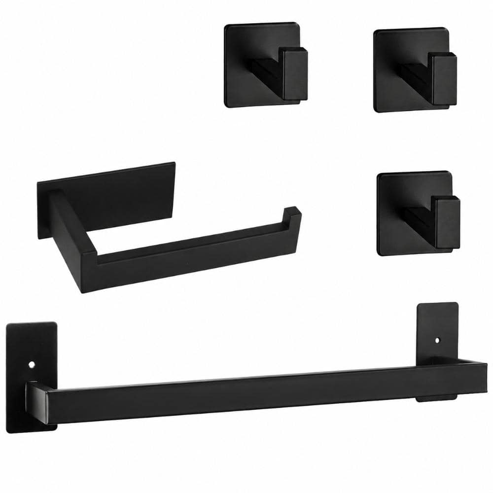 Unbranded Five-Piece Self-Adhesive Towel Bar Set in Matte Black, SUS304 Stainless Steel, 24 in Towel Bar & Hooks Kit (1)