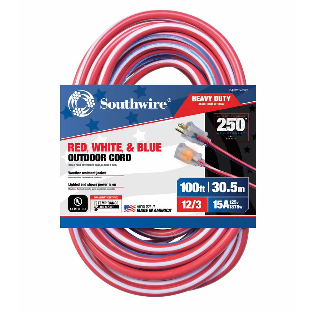 Southwire 100 ft. 12/3 SJTW Indoor/Outdoor Extension Cord with Lighted End Red / White/Blue (1)