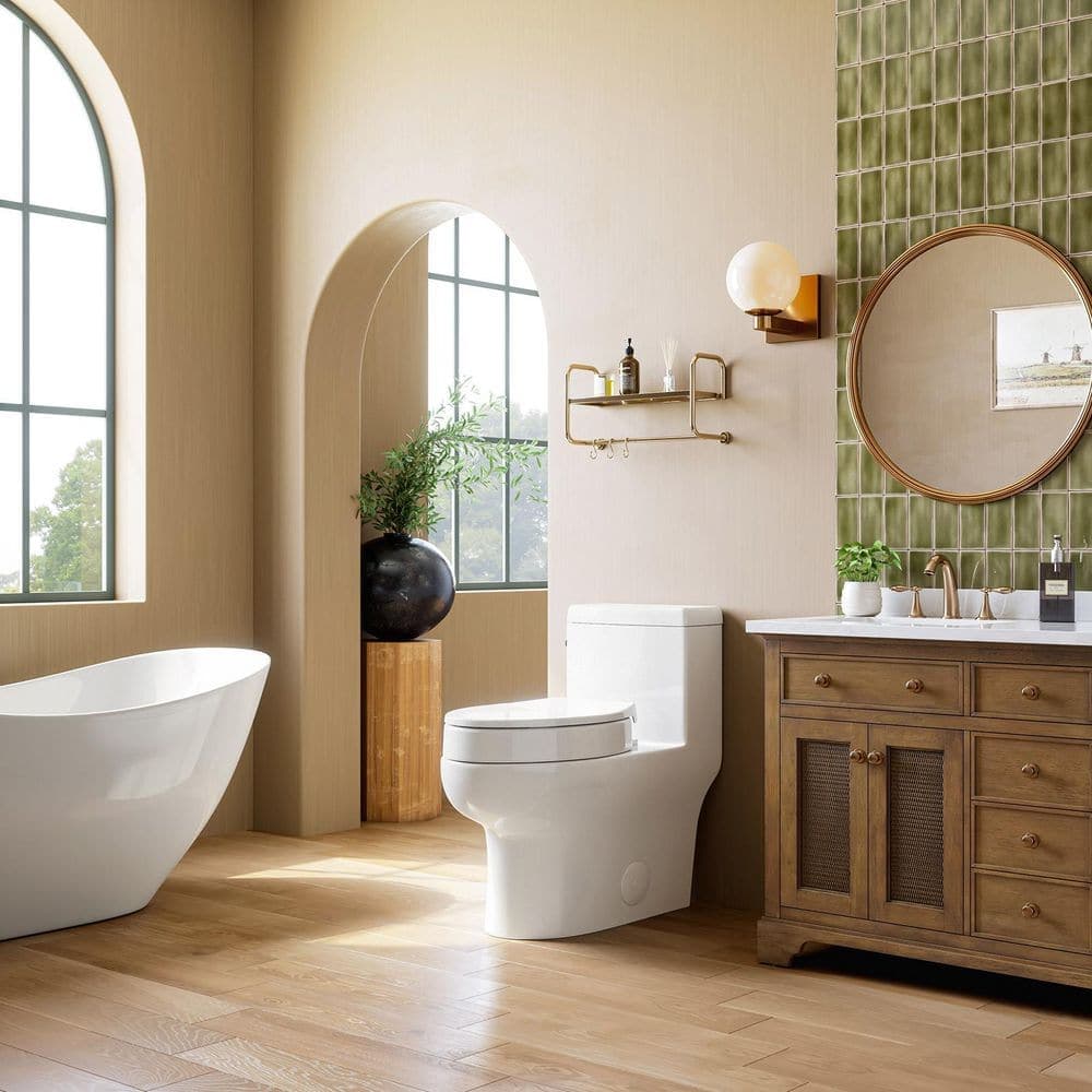 HOROW (1-Piece) 1.28 GPF Single Flush Compact Elongated Toilet in White with 3 in. Toilet Seat Riser with Lid (2)