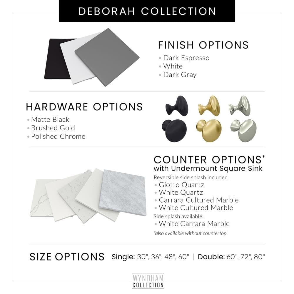 Wyndham Collection Deborah 25 in. W 21.5 in. D 34.25 in. H Bath Vanity Cabinet without Top White with Gold Trim and MC Mirror (4)