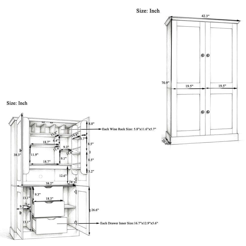 XUJMK 42 in W x 20 in D x 71 in H Linen Cabinet, Kitchen Pantry Cabinet in Blue with 3 Drawers, 6 Door Shelves, 6 Wine Racks (2)