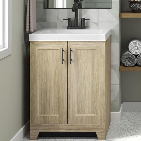 Glacier Bay Brindle 25 in. Single Sink Freestanding Sandstone Bathroom Vanity with White Cultured Marble Top (Assembled)