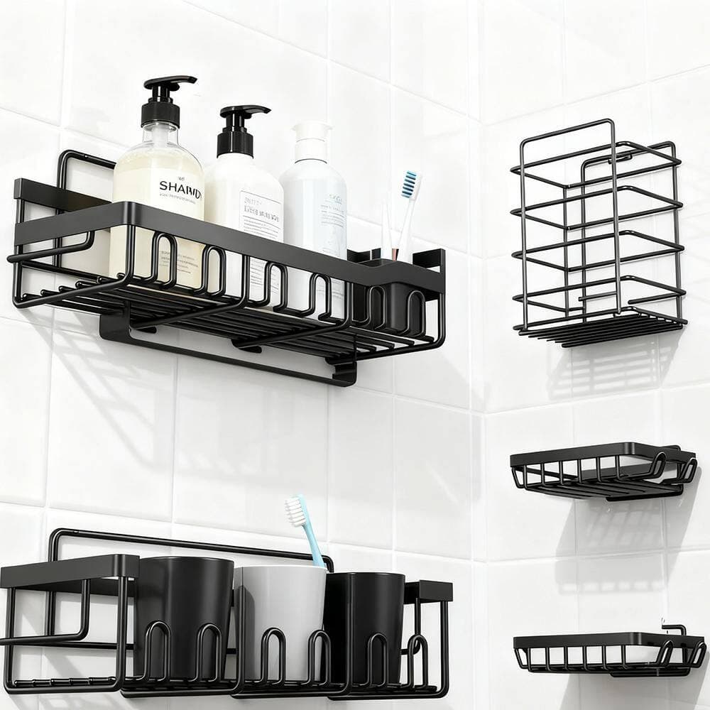 Tahanbath 5 Pack Adhesive Shower Caddy-Rustproof Stainless Steel Bathroom Organizer in Black (3)