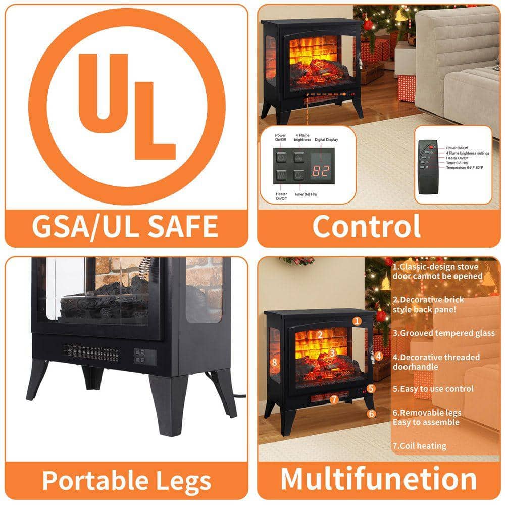ToolCat 21 in. Freestanding Fireplace Heater 400 sq. ft.,Three-Sided Electric Stove,1400W Heater with 3D Flame,Remote in Black (2)