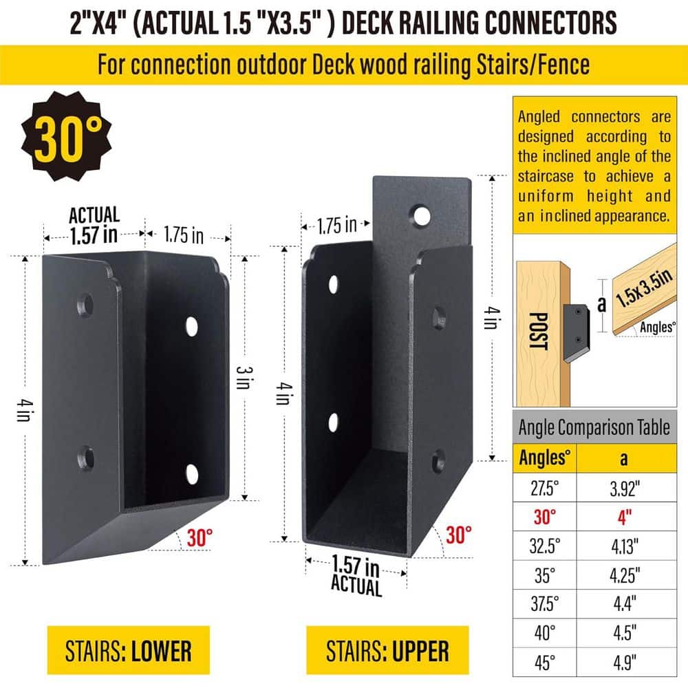 Afoxsos 201 Stainless Steel 2 x 4 Stair Connectors for Deck Railing 30° Handrail Installation Brackets 2 Pair Black (3)