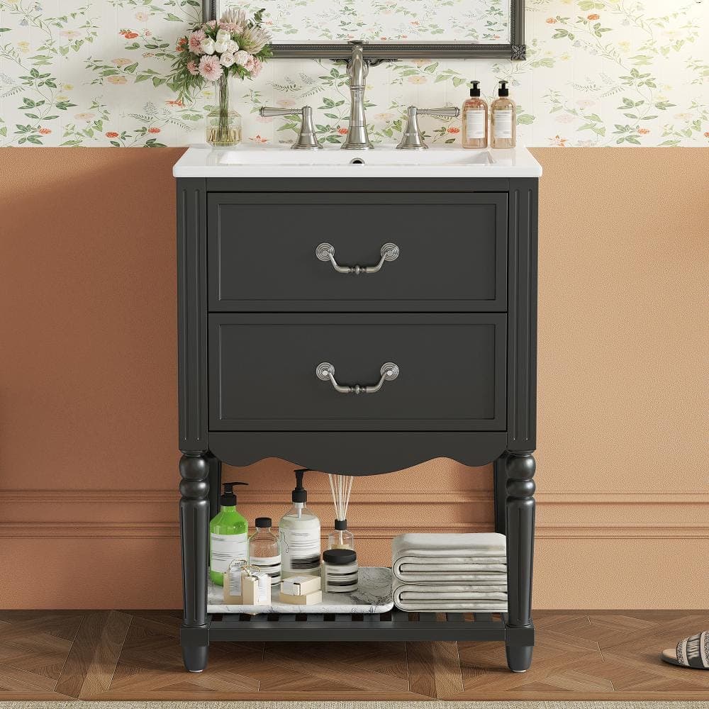 Flynama 24" Vintage Wave Vanity Sink, 2 Soft-Close Drawers & Open Storage Shelf (1)