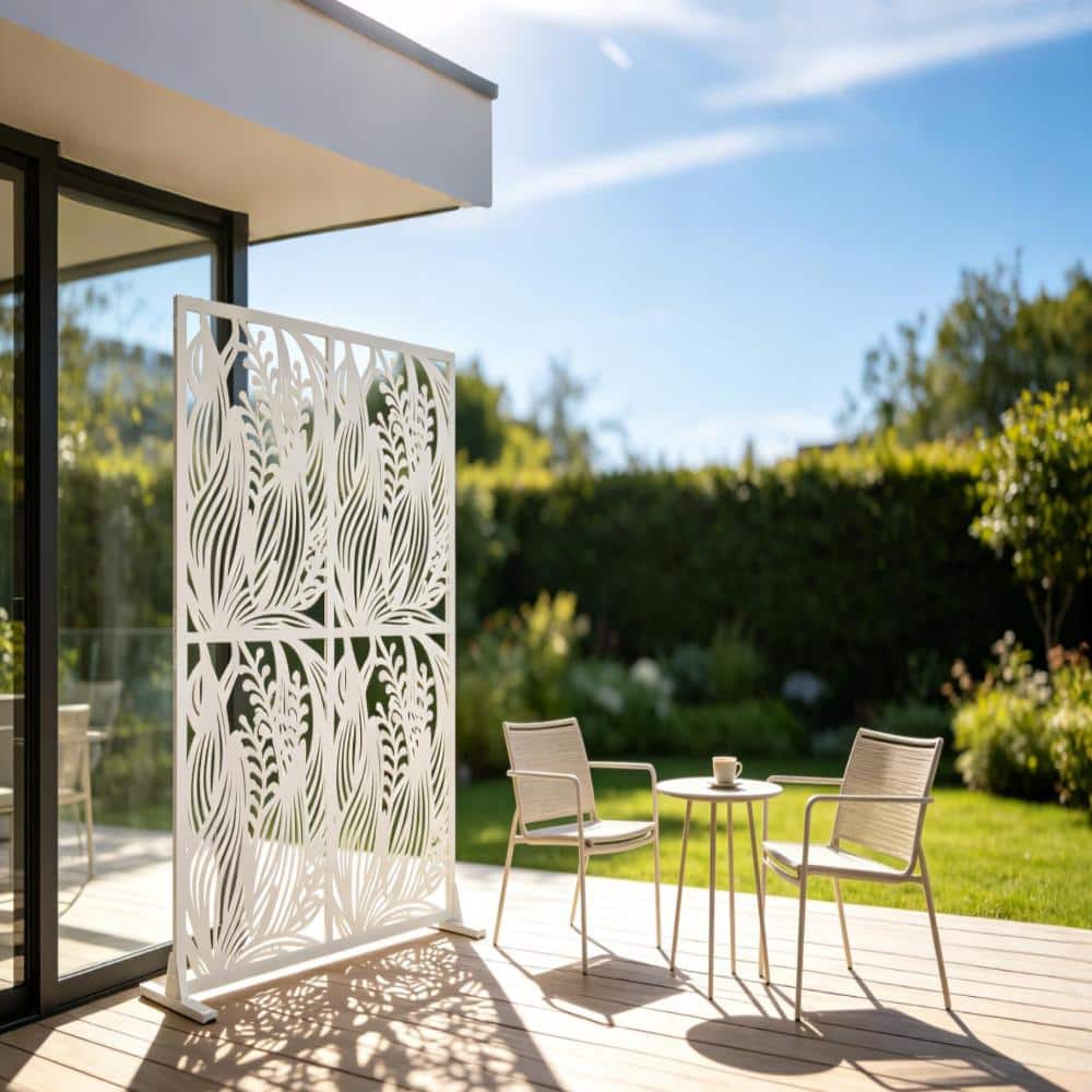 Unbranded 72 in H x 45.3 in W White Leaf-Shaped Metal Outdoor Privacy Screens, Free Standing Decorative Fence (3)