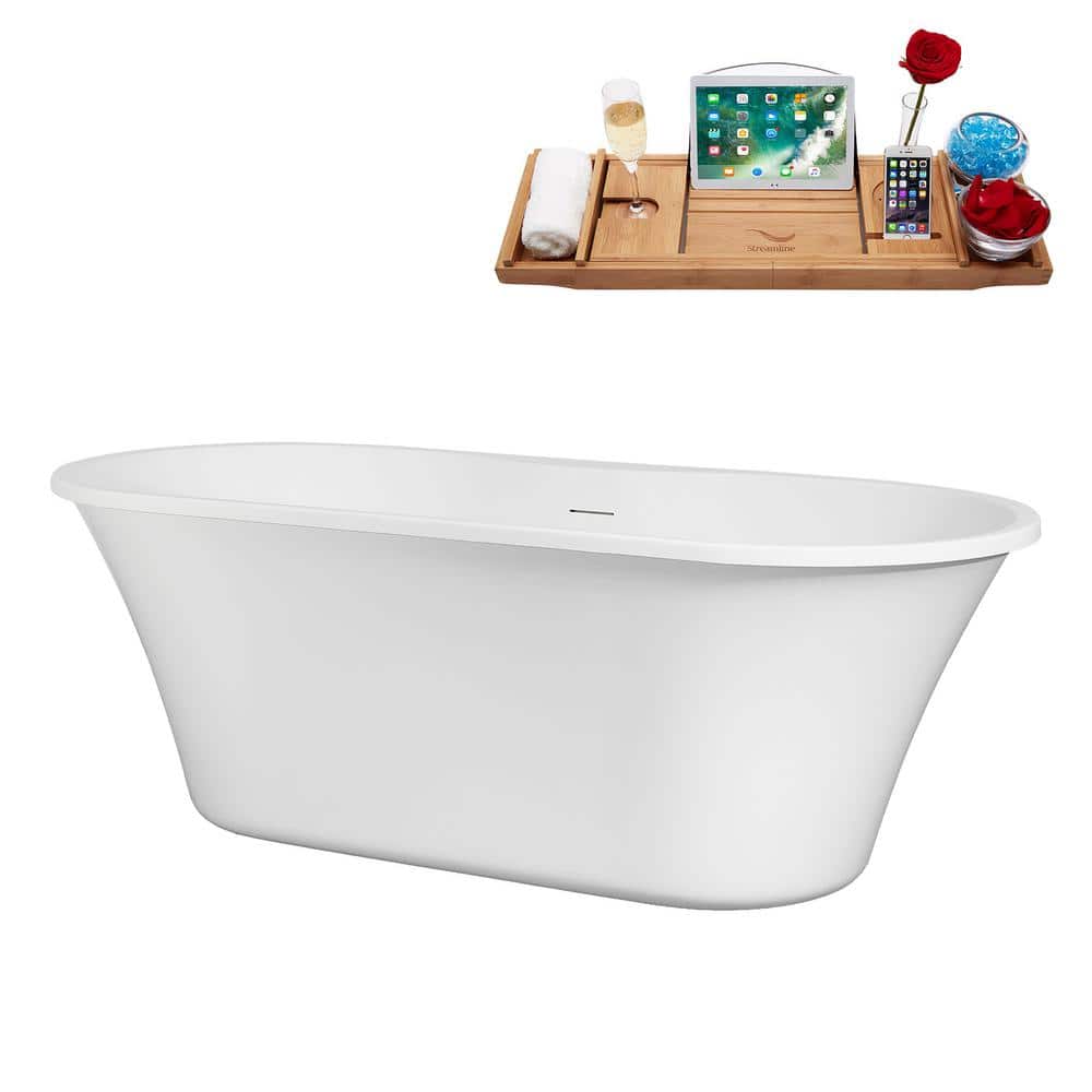 Streamline 66 in. x 29 in. Acrylic Freestanding Soaking Bathtub in Glossy White With Brushed Nickel Drain, Bamboo Tray (2)