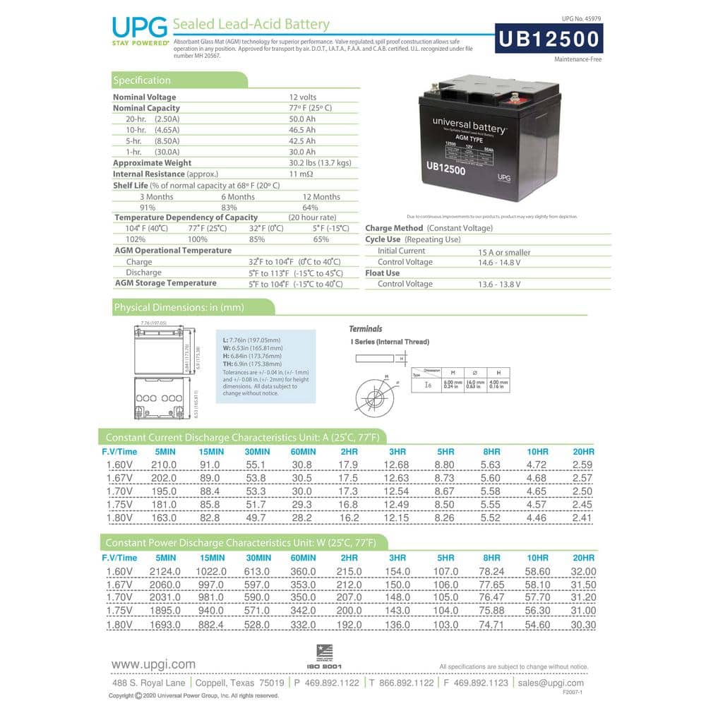 UPG 12-Volt 50 Ah I6 Terminal Sealed Lead Acid (SLA) AGM Rechargeable Battery (2)