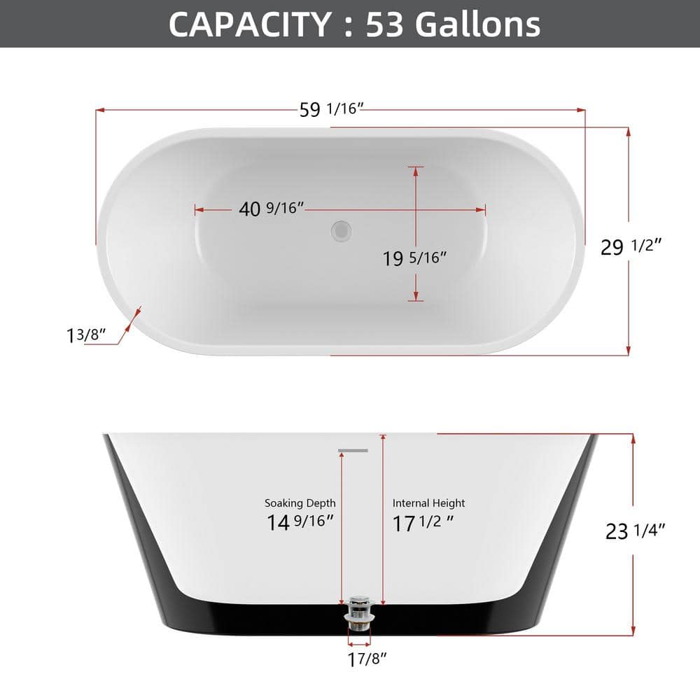 JimsMaison 59 in. x 29.5 in. Acrylic Freestanding Flatbottom Soaking Bathtub in Black (2)