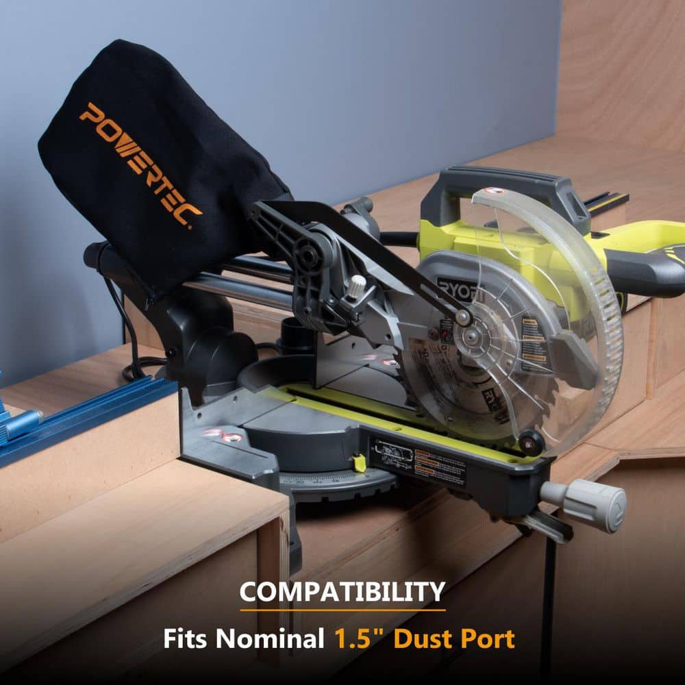 ‎POWERTEC Miter Saw Dust Collector Bag for 7-1/4 in. 8-1/2 in. Miter Saw Fits Nominal 1-1/2 in. Dust Ports, Hook and Loop Dust Bag (2)