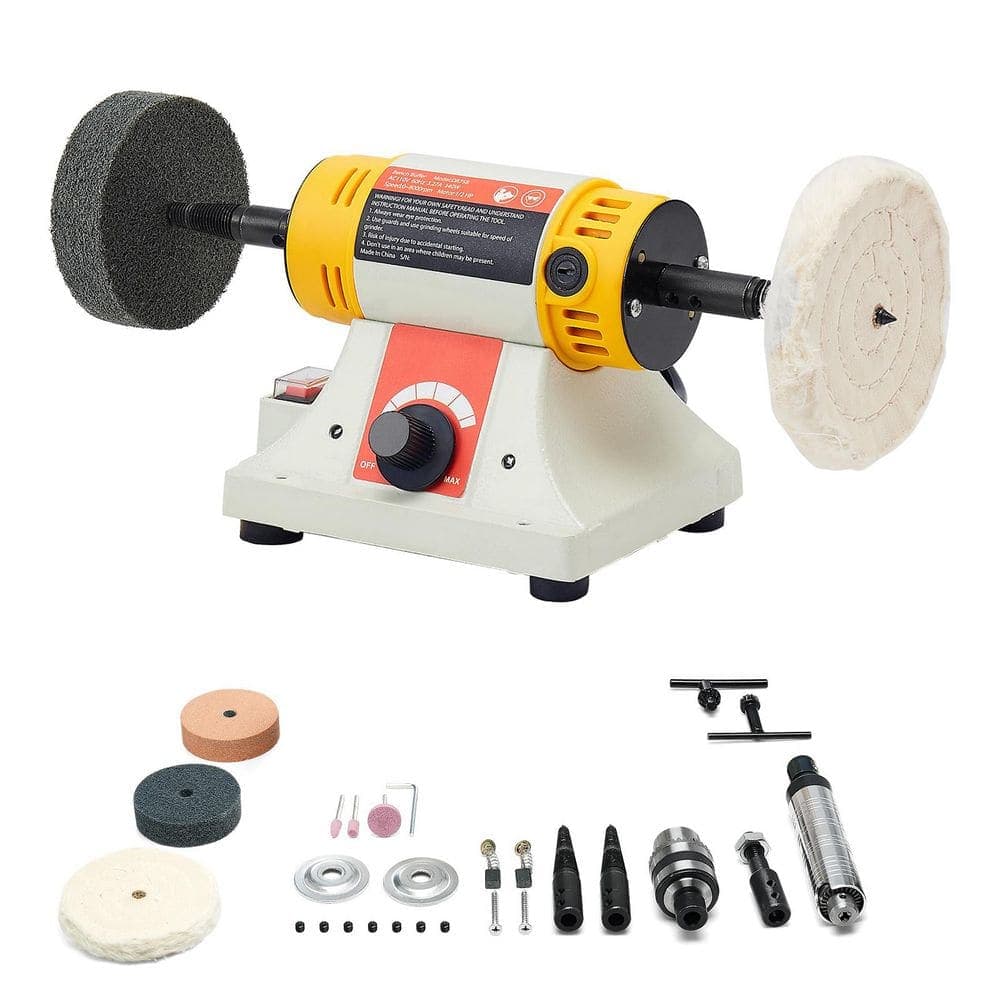 SKYSHALO Bench Buffer Polisher, 1/2HP, 0-8000RPM, with 4 in. Cloth Wheel, 3 in. Grinding Wheel and 3 in. Fiber Wheel for Metal (1)