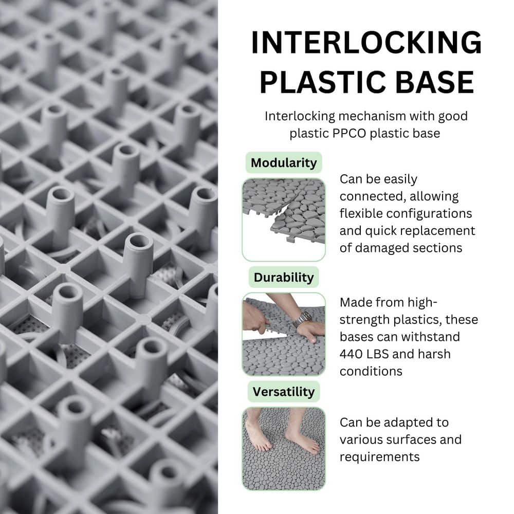 Unbranded 12 in. x 12 in. Gray PVC Interlocking Deck Tiles Plastic Waterproof Outdoor Pebble Stone Pattern (Pack of 60) (3)