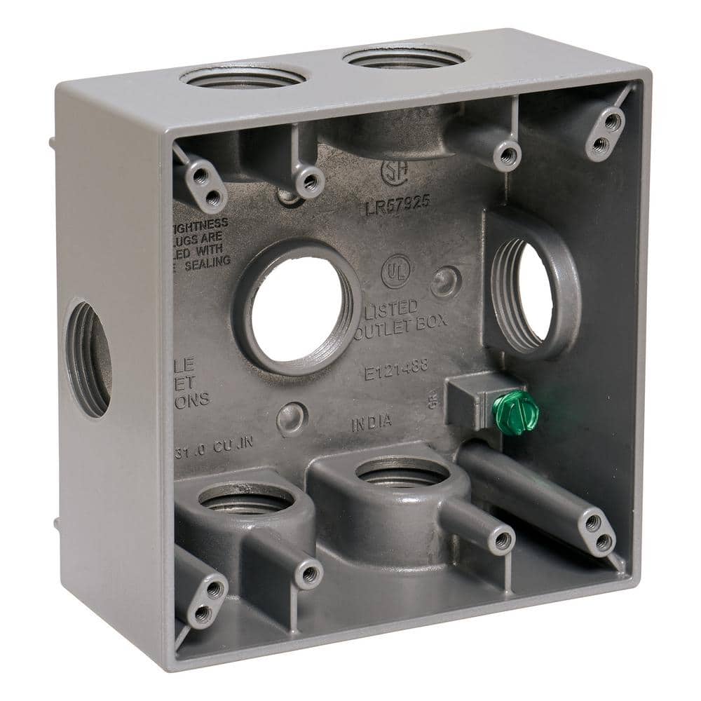 Commercial Electric 2-Gang Metal Weatherproof Side Entry Electrical Outlet Box with (7) 3/4 inch Holes, Gray (2)