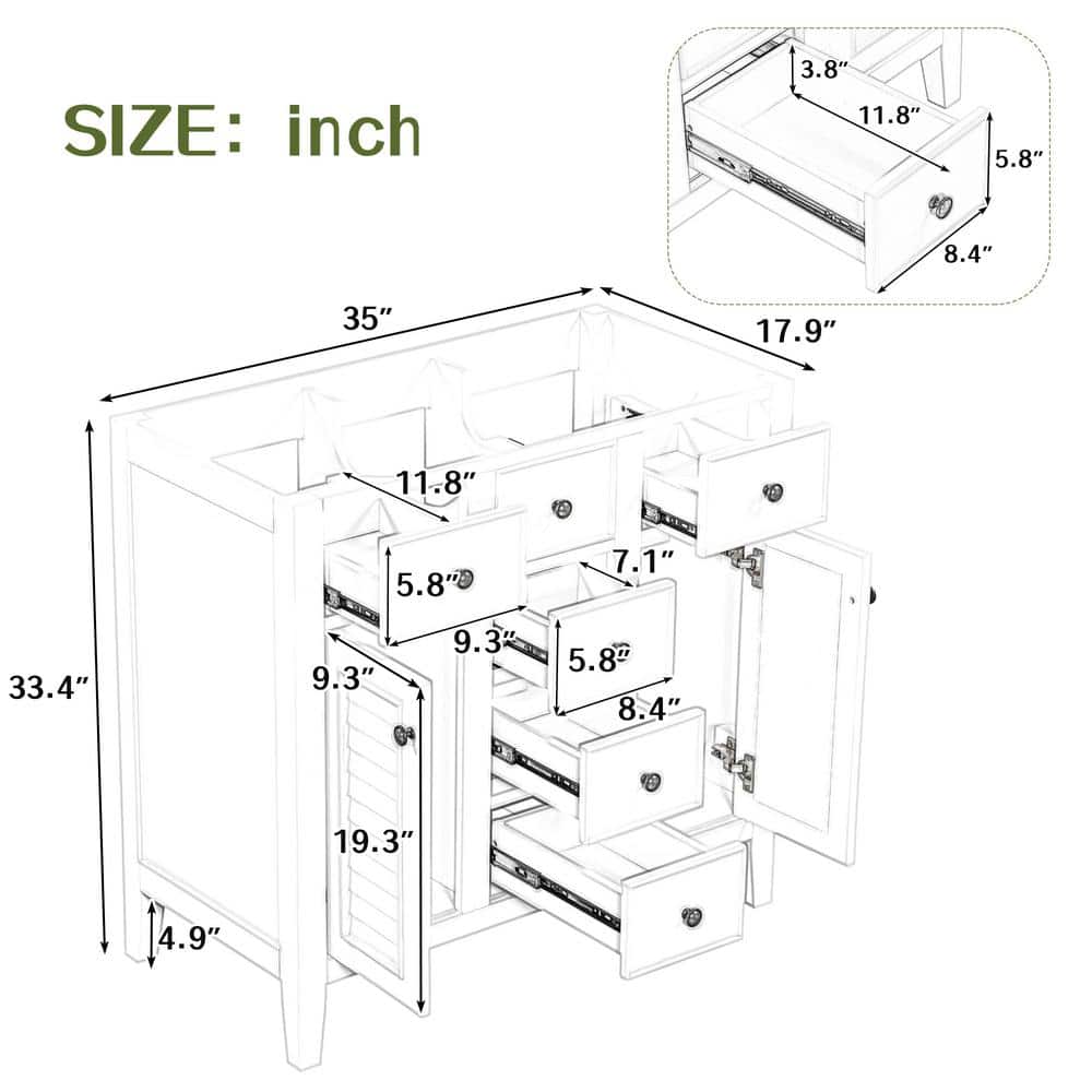 Unbranded 35 in. W x 17.9 in. D x 33.4 in. H Bath Vanity Cabinet without Top with Doors and Drawers in White (3)