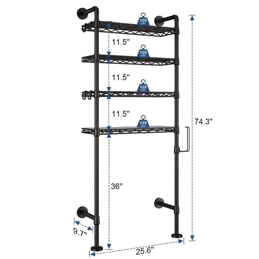 Whatseaso 25.6 in. W x 74.3 in H x 9.7 in. D Metal in Black Over The Toilet Storage Cabinet Toilet Storage with Paper Hook (2)