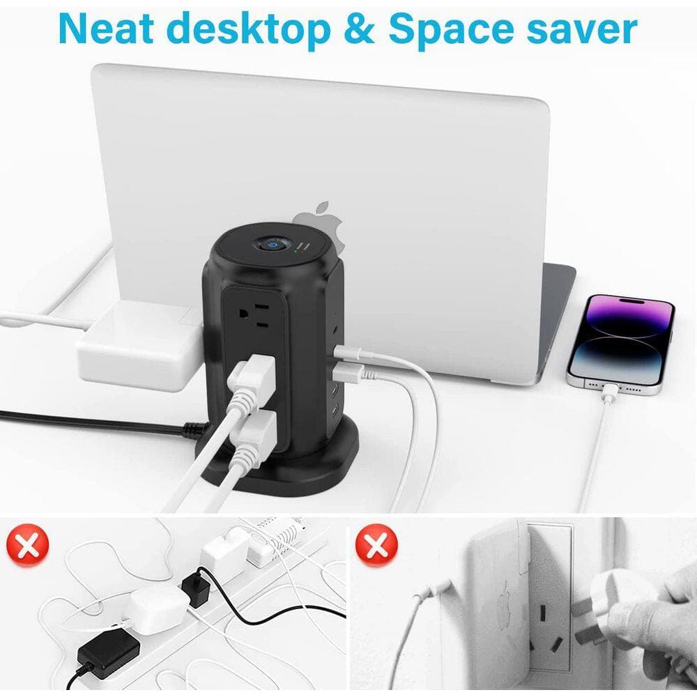 Lukyamzn 9-Outlet Power Strip Tower Surge Protector with 6.5 ft. Flat Plug Extension Cord, 3 USB-A & 2 USB-C Ports, Black (3)