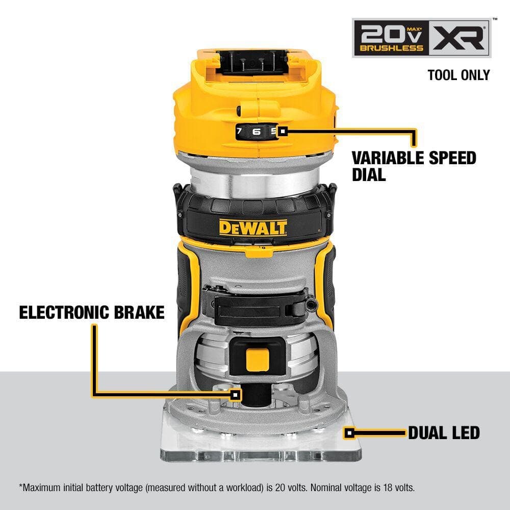 DEWALT 20V MAX XR Lithium-Ion Cordless Brushless Fixed Base Compact Router with 20V MAX 5.0 Ah and 2.0 Ah Batteries and Charger (3)