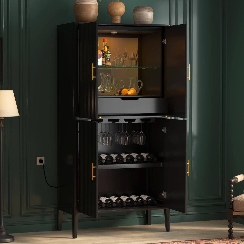 COWLOWN 35.2 in. W x 17.6 in. D x 70.9 in. H Black Linen Cabinet with Glass Display & Stemware Rack, Drawer & Adjustable Shelves (2)