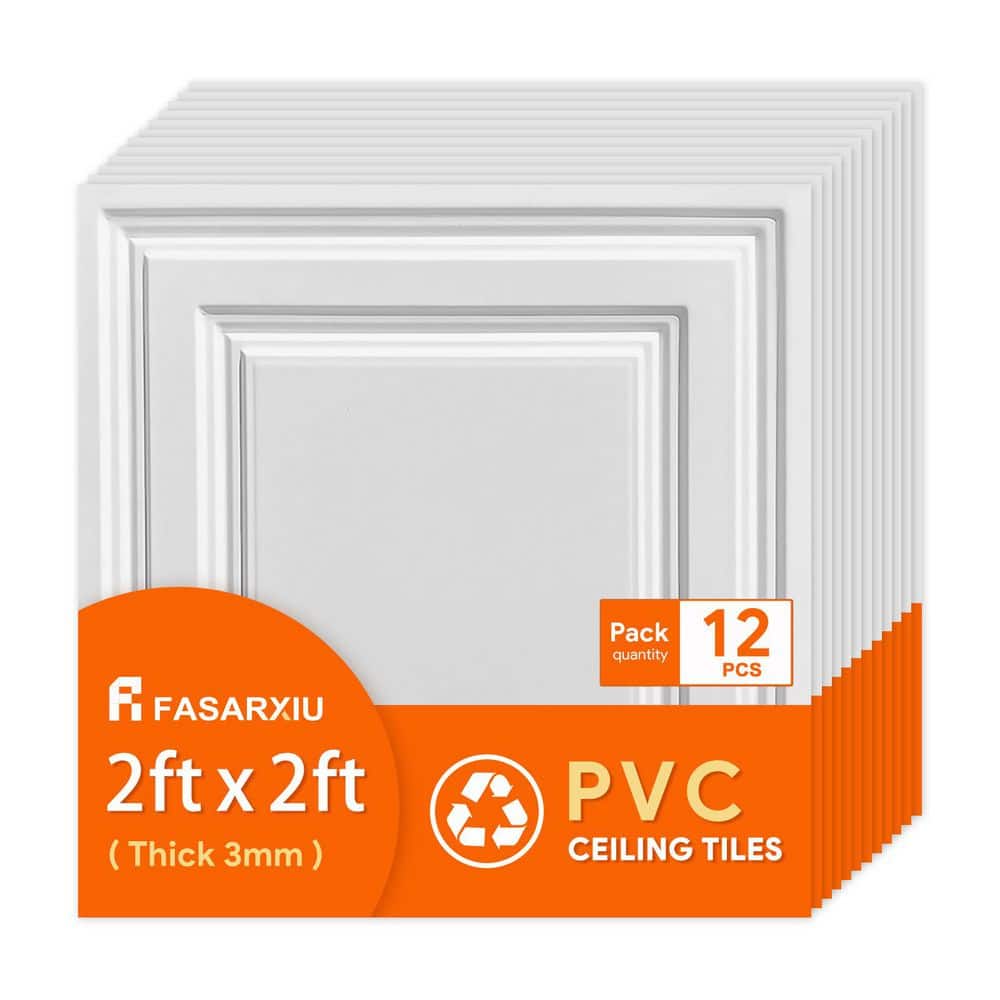 Fasarxiu 2 ft. x 2 ft. White Icon Relief PVC Drop Ceiling Tile, Waterproof, Washable, Fire-Rated (48 sq. ft./case, 12 Tiles) (1)