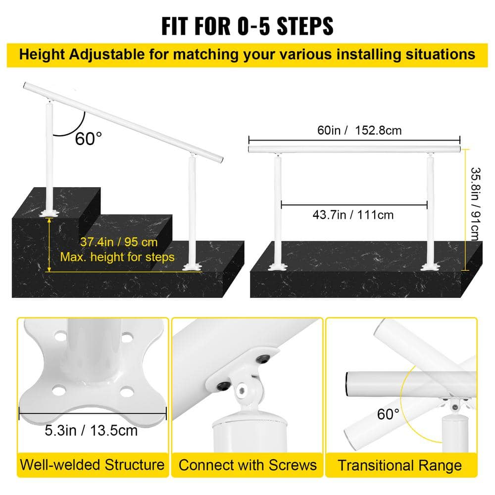 SVOPES 5 ft. 35.8 in. H x 62 in. W, Adjustable White Aluminum Handrail Outdoor Stair Railing Kit, for 0-5 Steps, Elderly. (3)