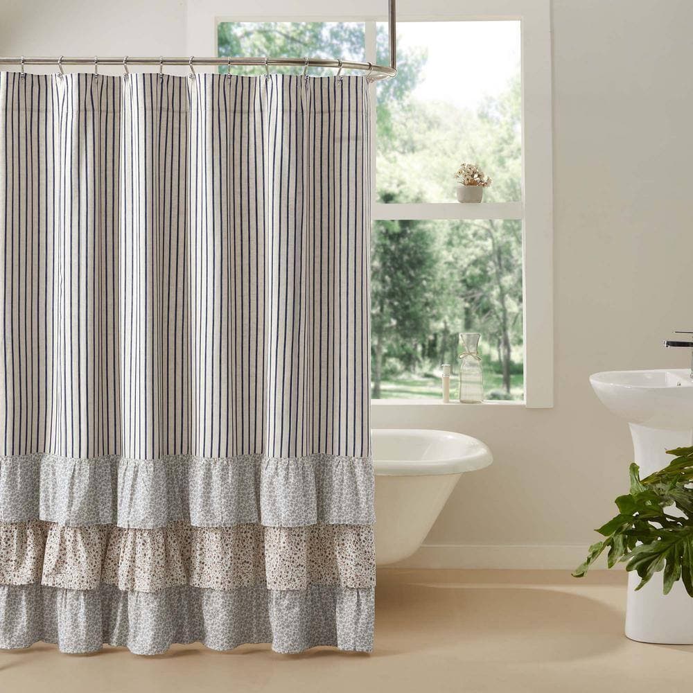 VHC BRANDS Kaila 72 in Navy Creme Gold Ticking Stripe Ruffled Shower Curtain (2)