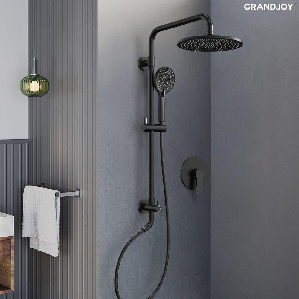 GRANDJOY 10 in. 1-Handle 3-Spray Round Wall Bar Shower Kit with 3 Modes Handheld Shower 2.5 GPM in. Matte Black Valve Included (2)