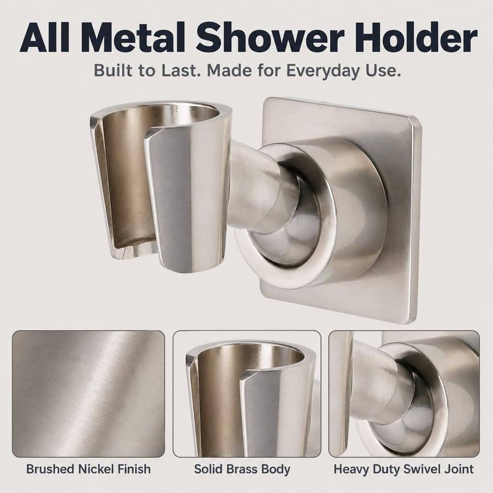 Numhew 1-Piece Shower Head Holder in Brushed Nickel, All Metal Adhesive Shower Wall Mount Holder, Brass Shower Spray Holder (3)