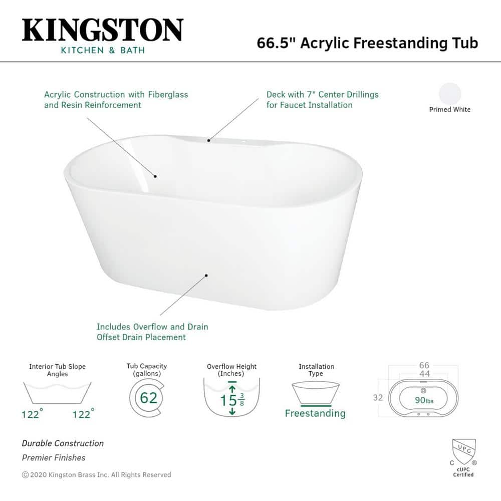 Unbranded 66.5 in. Acrylic Center Drain Oval Flatbottom Freestanding Bathtub in White (2)