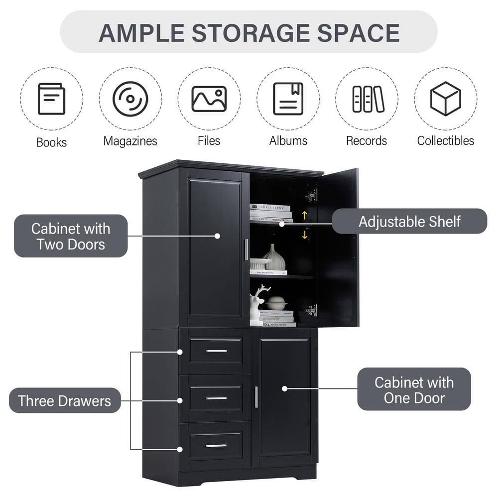 JimsMaison 33 in. W x 20 in. D x 62 in. H Black MDF Freestanding Linen Cabinet with Drawers (3)