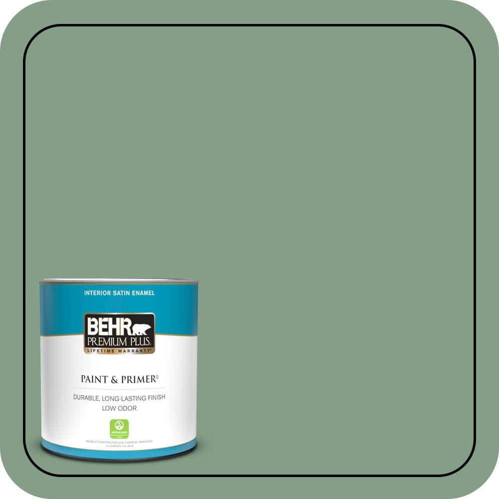 BEHR PREMIUM PLUS 1 qt. #S410-5 Track Green Satin Enamel Low Odor Interior Paint & Primer