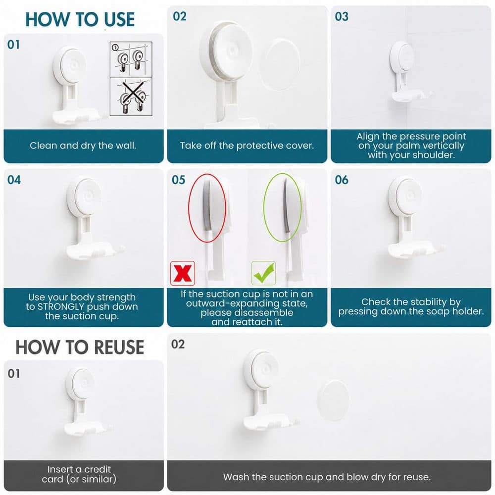 Unbranded Brushed Nickel 2-Pack White Suction Cup Shower Razor Holder Towel Loofah J-Hook Robe/Towel Hook Removable No-Drill (3)