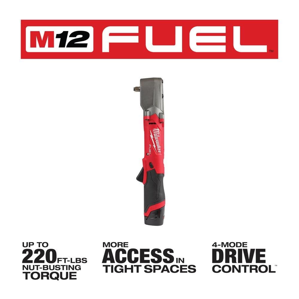 Milwaukee M12 FUEL 12V Lithium-Ion Brushless Cordless 3/8 in. Right Angle Impact Wrench Kit with Impact Driver and Batteries (3)