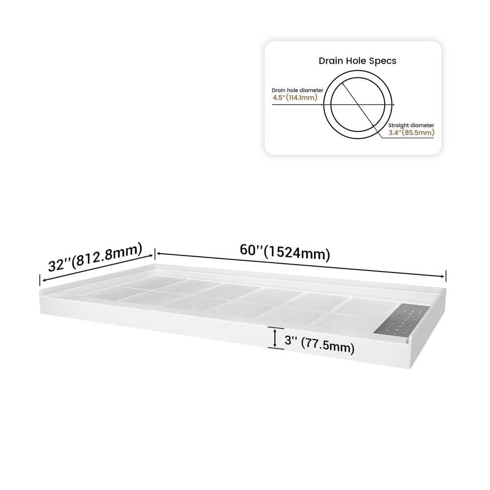 VANITYFUS 60 in. L x 32 in. W Single Threshold Alcove Shower Pan Base with Right Drain in White (2)