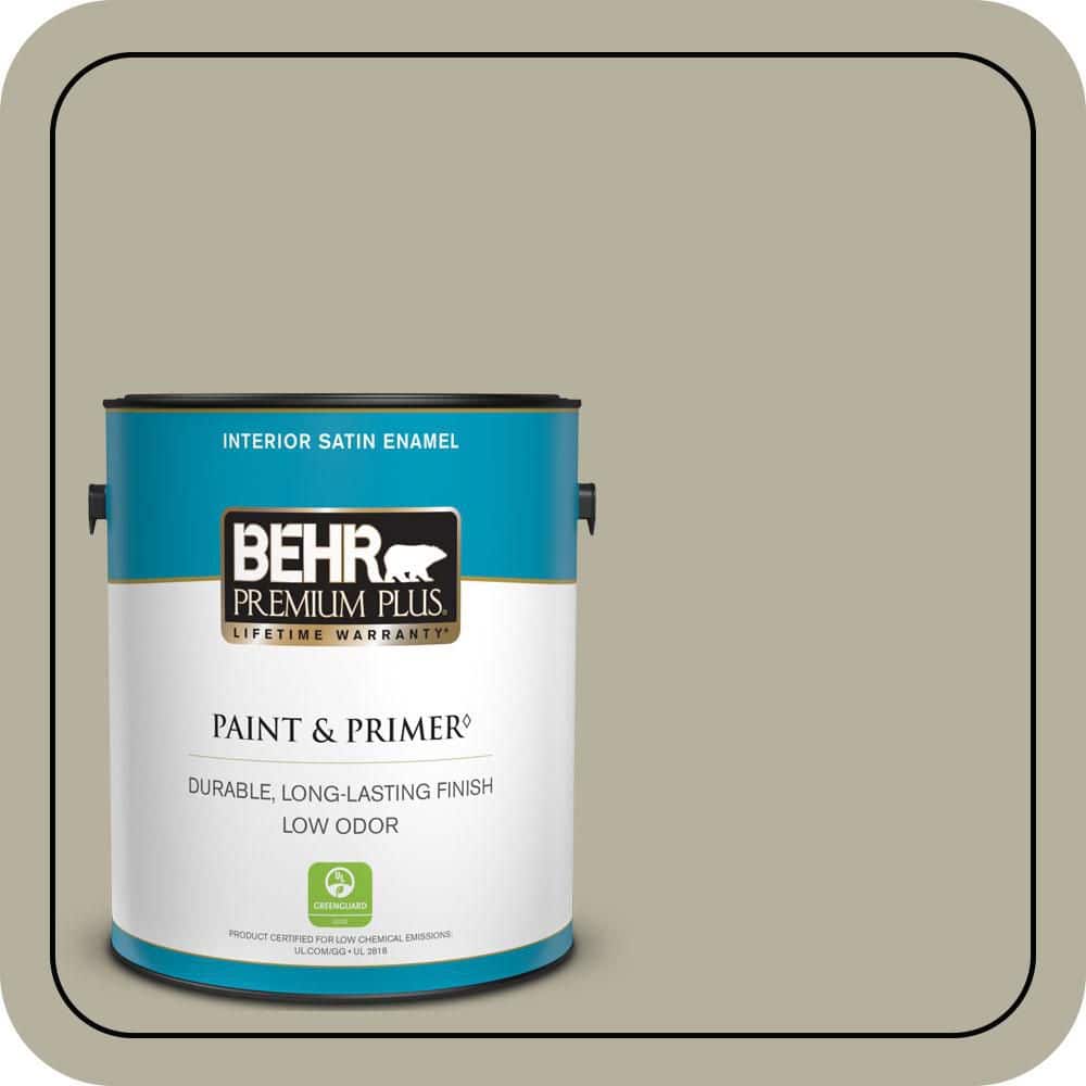 BEHR PREMIUM PLUS 1 gal. #QE-35 Stone Walkway Satin Enamel Low Odor Interior Paint & Primer