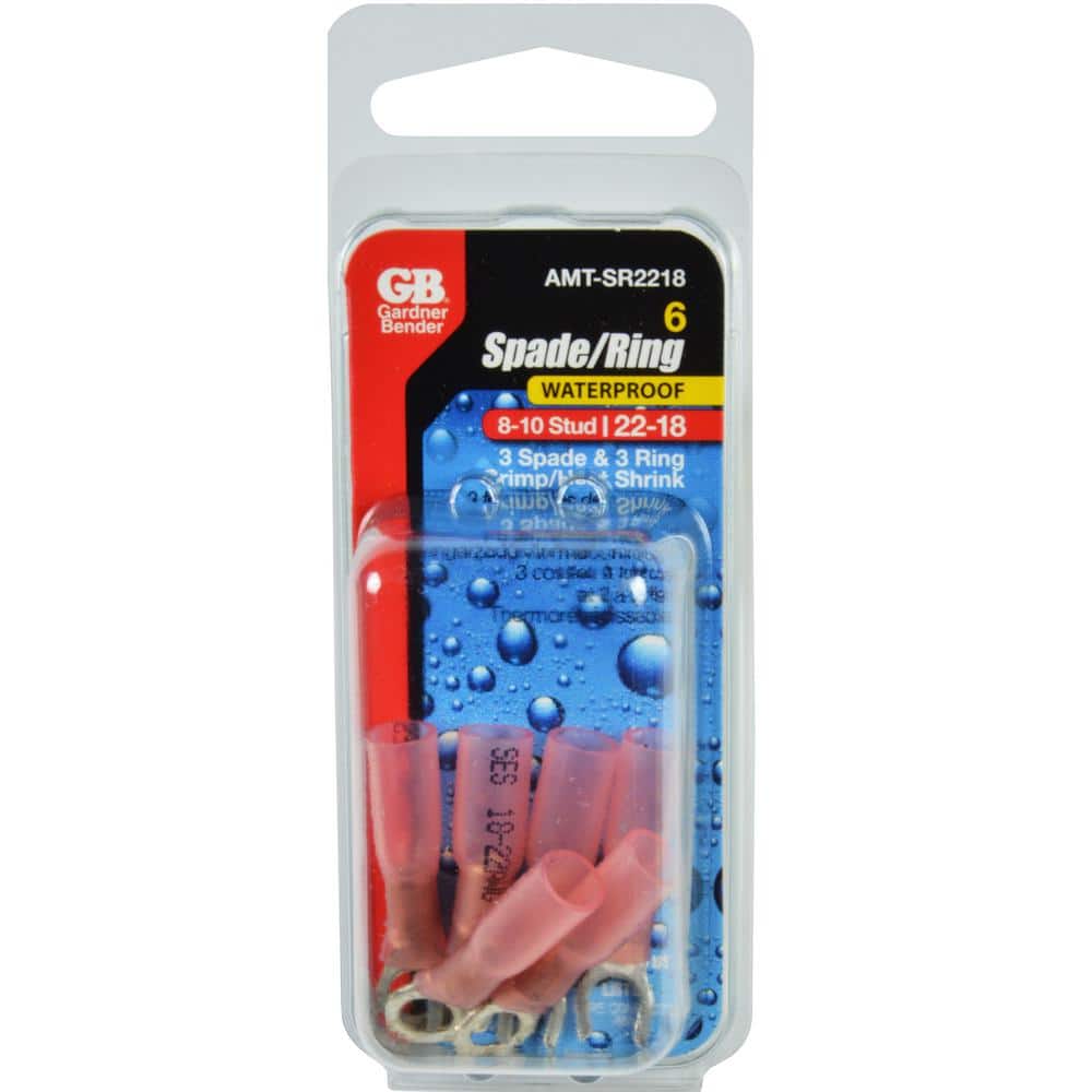 Gardner Bender 22-18 AWG 8-10 Stud Ring Spade Terminal, Red (6-Pack) (2)