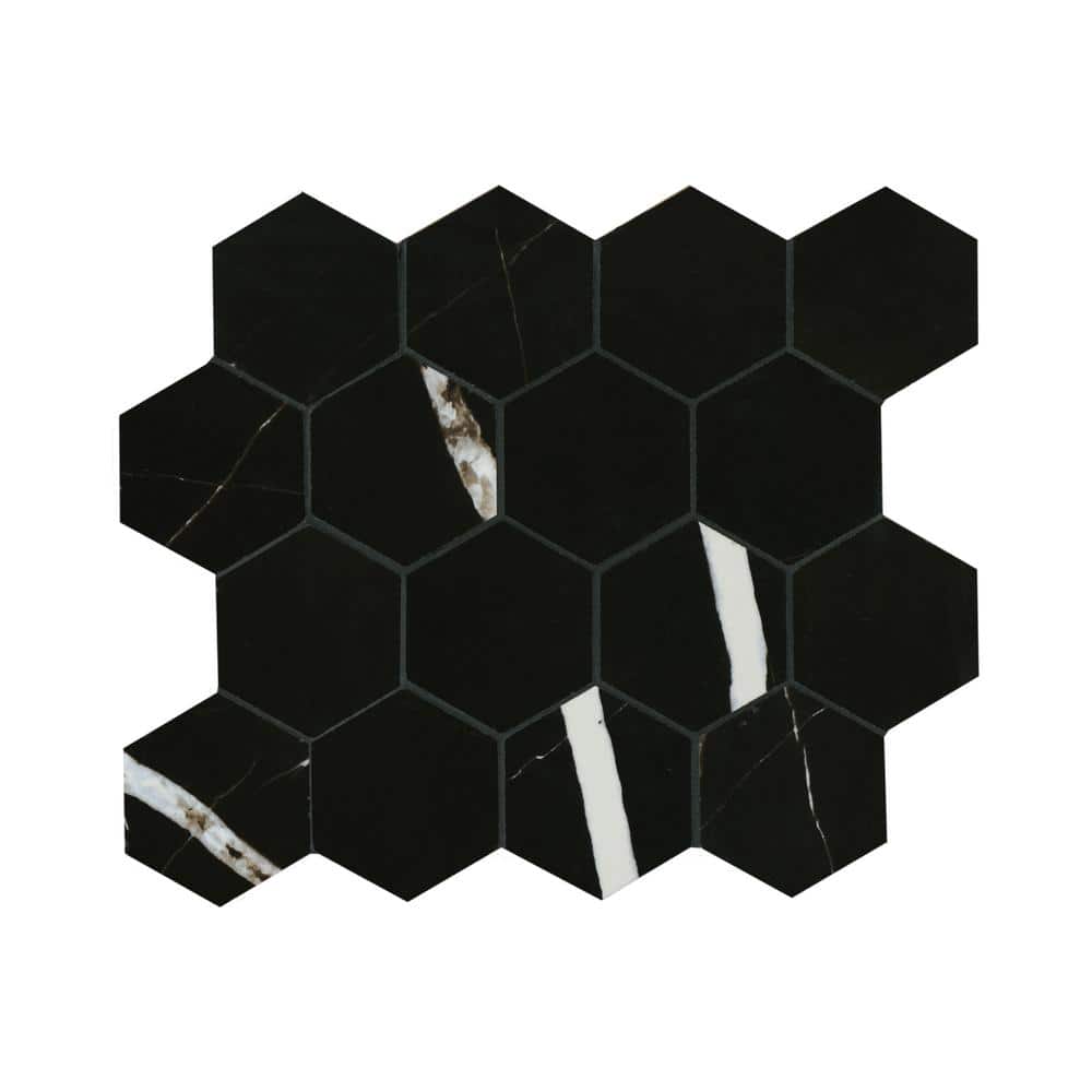 MSI Tavish Nero 3 in. Hexagon 12 in. x 12 in. Polished Porcelain Mesh-Mounted Mosaic Floor and Wall Tile (6.88 sq. ft./Case)