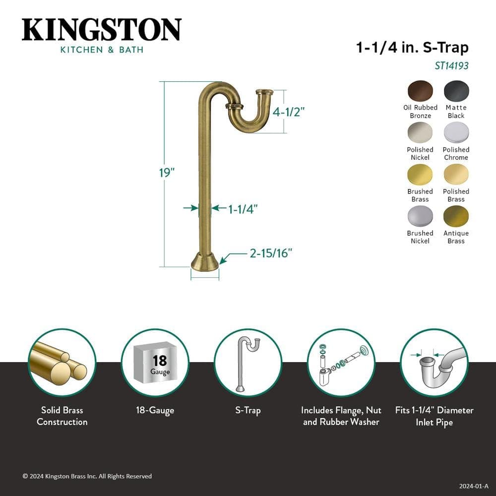 Kingston Brass 1-1/4 in. Brass S-Trap, 18-Gauge (2)
