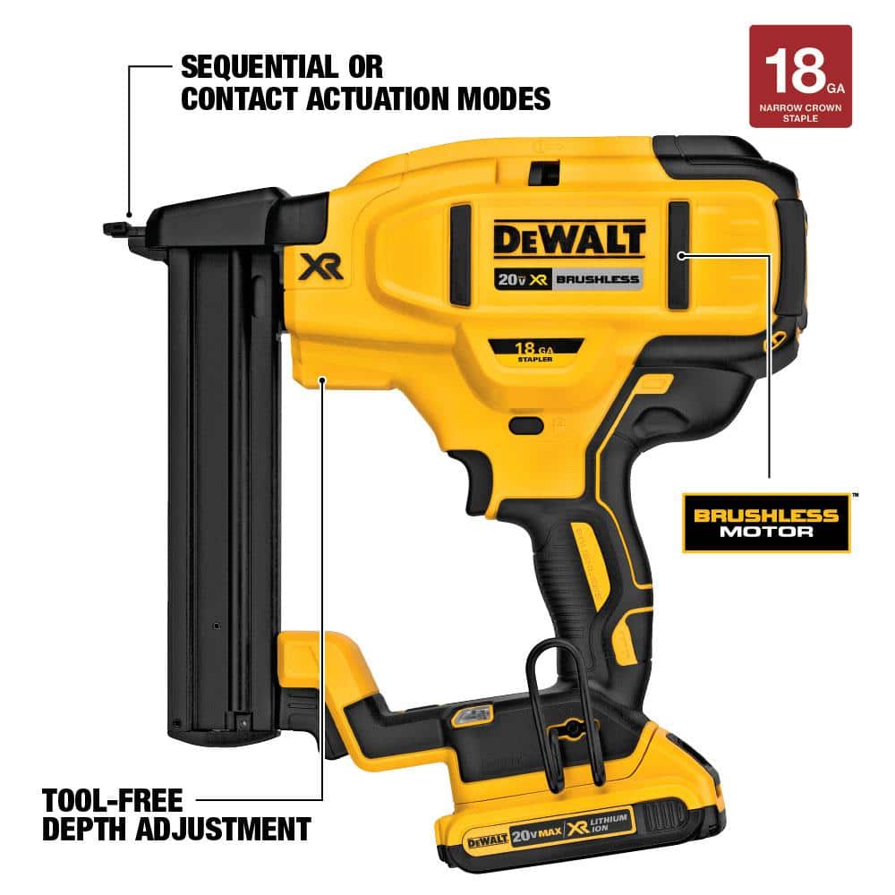 DEWALT 20V MAX XR Lithium-Ion 18-Gauge Cordless Narrow Crown Stapler Kit, (2) 2.0Ah Batteries, Charger, and Bag (2)