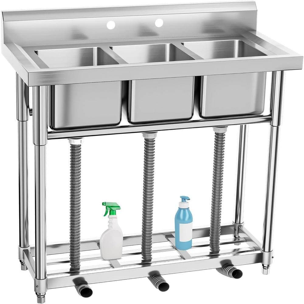 Adrinfly 17.7 in. D x 39 in. W Freestanding 3 Compartment Utility Sink in Stainless Steel with Adjustable Height and Shelve (3)