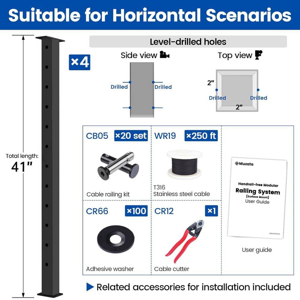 KIWDZFU RWS2 BH4L 42 in. H x 2 in. W Black Aluminum Stair Railing Kit (3)