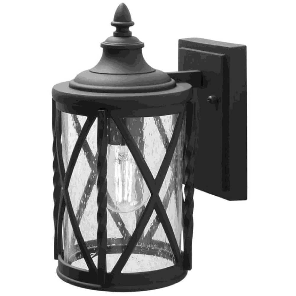 Hampton Bay Walcott Manor 13 in. Black Outdoor Hardwired Wall Lantern Sconce with Clear Seeded Glass and No Bulb Included (4)