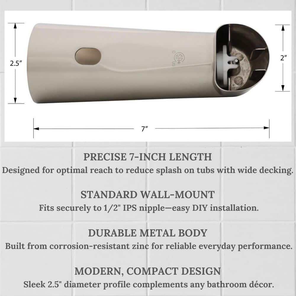 Westbrass 7 in. Extended Reach Wall Mount Tub Spout with Diverter (2)