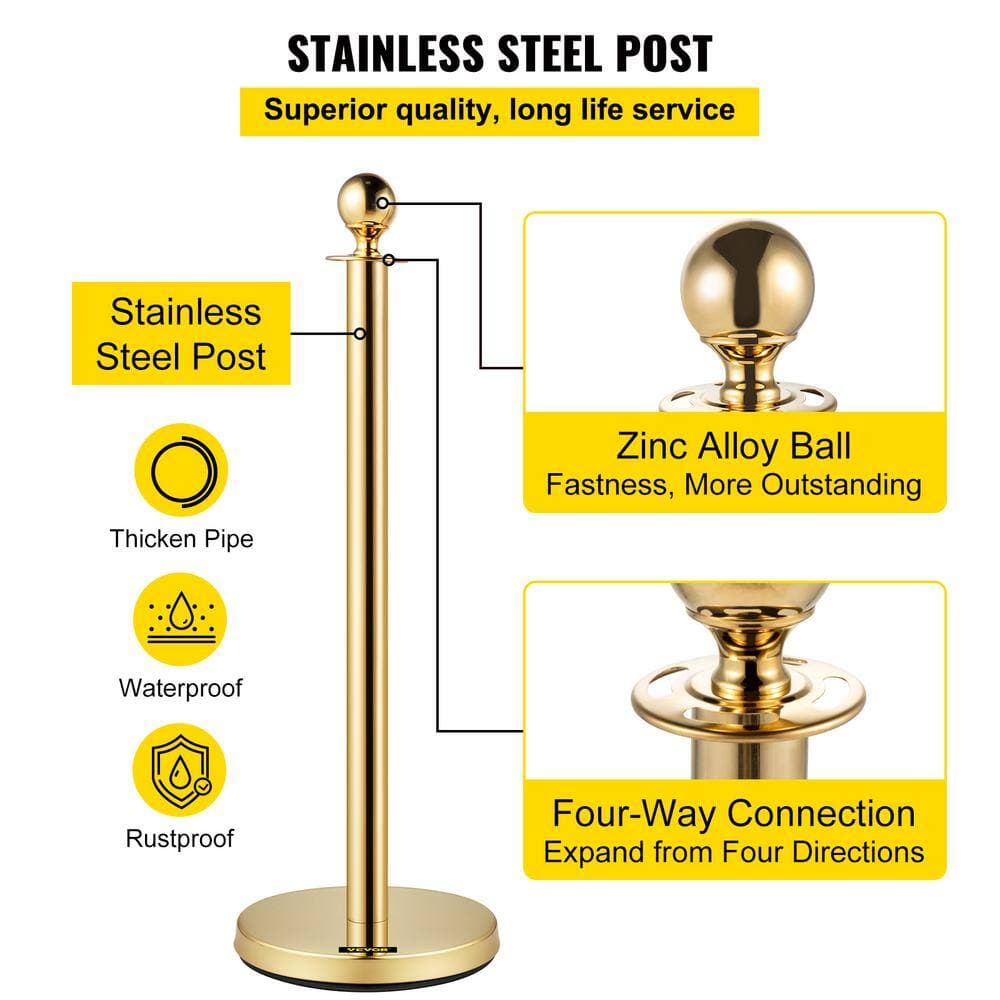 VEVOR Velvet Ropes and Posts 5 ft. Red Rope Stainless Steel Gold Stanchion w/Ball Top Stanchion Crowd Control, (2-Pack Sets) (3)