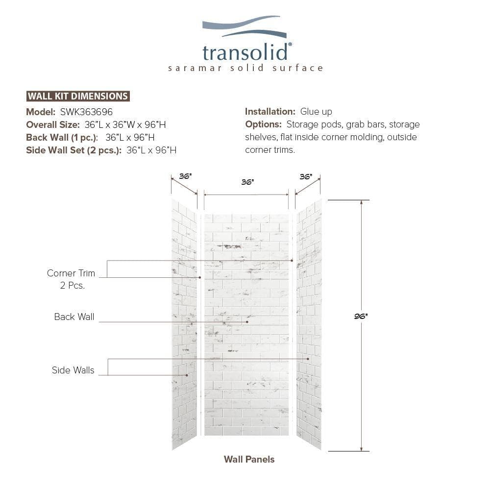 Transolid SaraMar 36 in. x 36 in. x 96 in. 3-Piece Easy Up Adhesive Alcove Shower Wall Surround in White Venito (3)